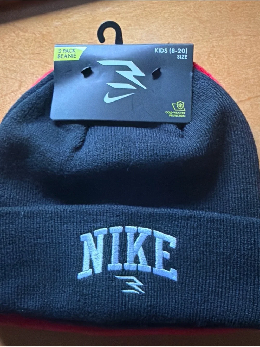 Nike Big Kids Size (8-20) 2-Pack Beanie Set. Black/Red/White Logo. New with Tags